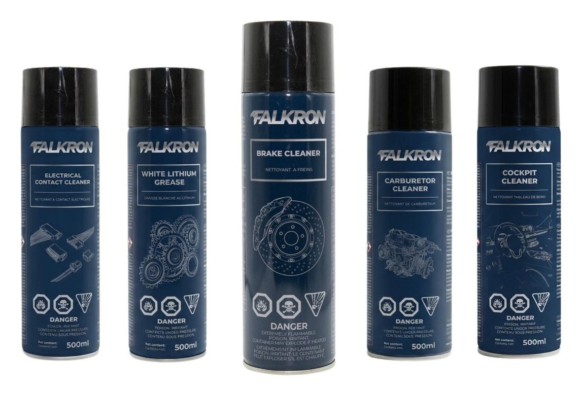 FALKRON Electrical Contact Cleaner, White Lithium Grease, Brake Cleaner, Carburetor Cleaner and Cockpit Cleaner: five 500ml aerosol cans in navy with white line-drawing labels